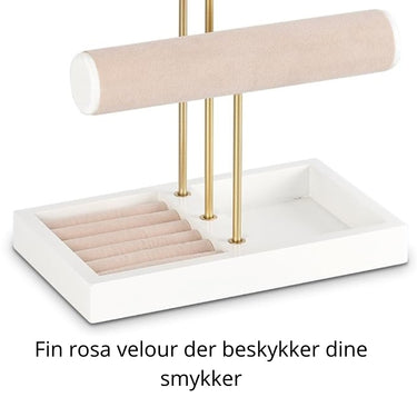 Guld smykkestativ med hvid fod og velour