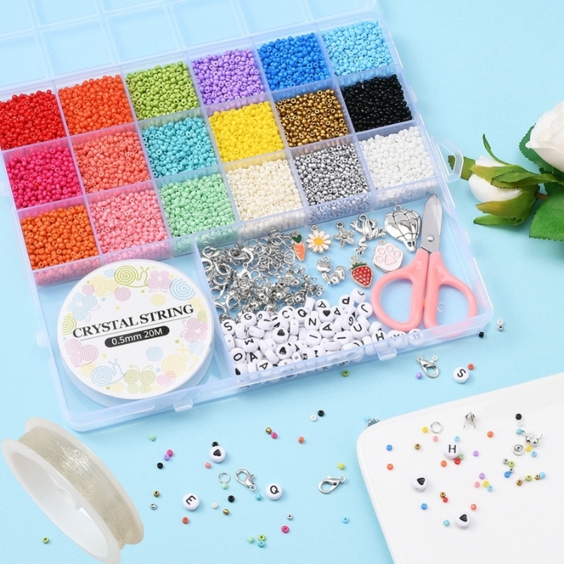 perlesæt med seed beads og elastiktråd