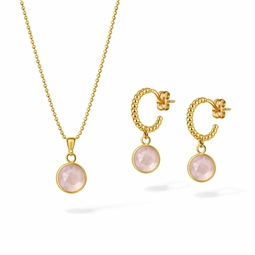 Kuglehalskæde og kugle øreringe med rosakvarts vedhæng