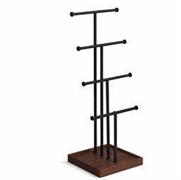 Smykkestativ i sort metal med valnød