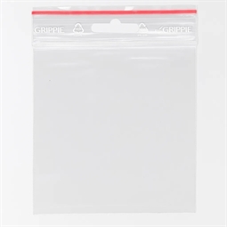 klar zip pose med eurohul, grippie pose med rød lynlåslukning, plastpose 10x12 cm til ophæng