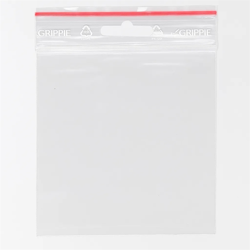 klar zip pose med eurohul, grippie pose med rød lynlåslukning, plastpose 10x12 cm til ophæng