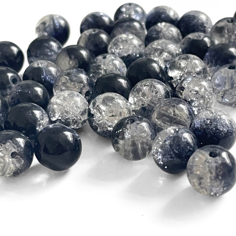 10 mm Glasperler Crackle Krystal/Sort - 50 stk.