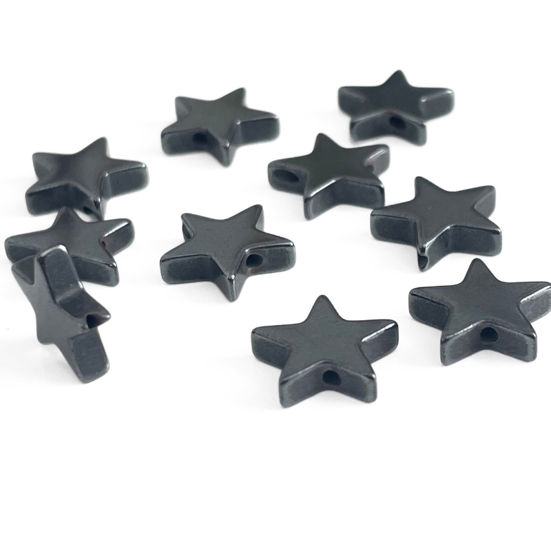 10 mm hæmatit stjerneperler i mørk metalgrå – pose med 10 stk.
