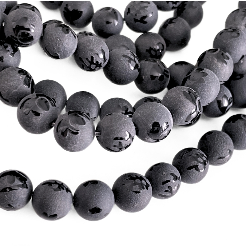 Mat onyxperler med kinesiske tegn i blank sort overflade – 8 mm perler til smykkefremstilling