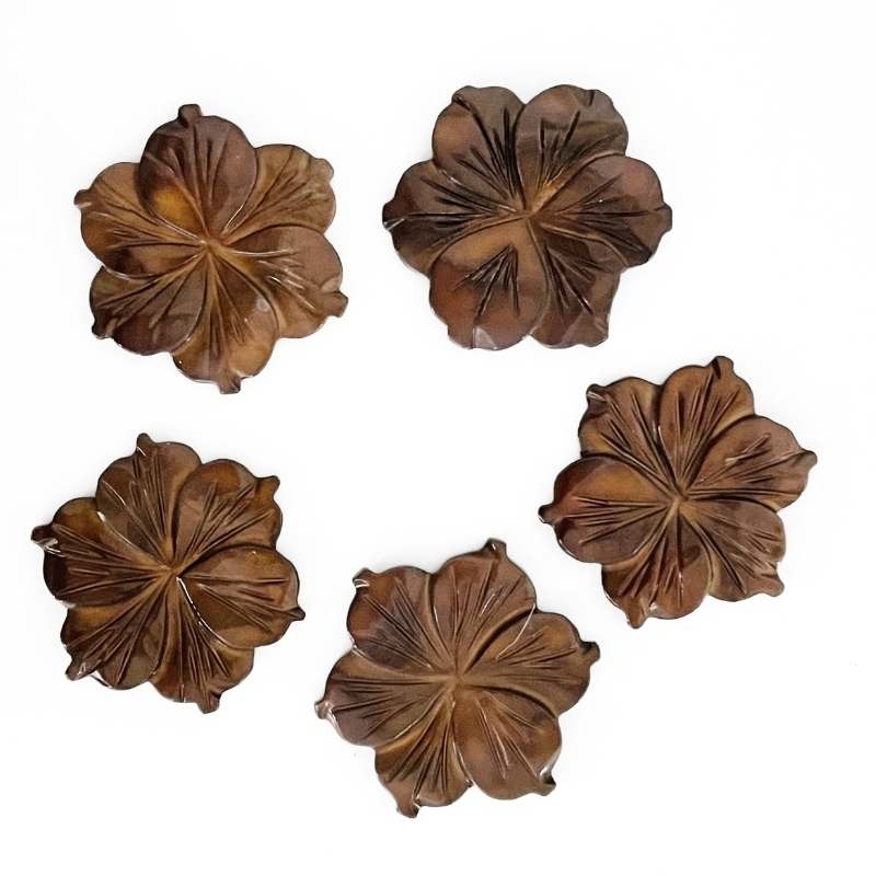 5 stk. 30 mm Mørkebrune perlemorsblomster uden hul